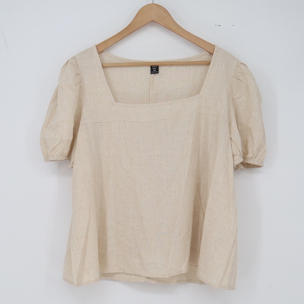 SHEIN 2 Piece Set Womens 1XL Linen Blend Beige Puff Sleeve Wide Leg Excellent